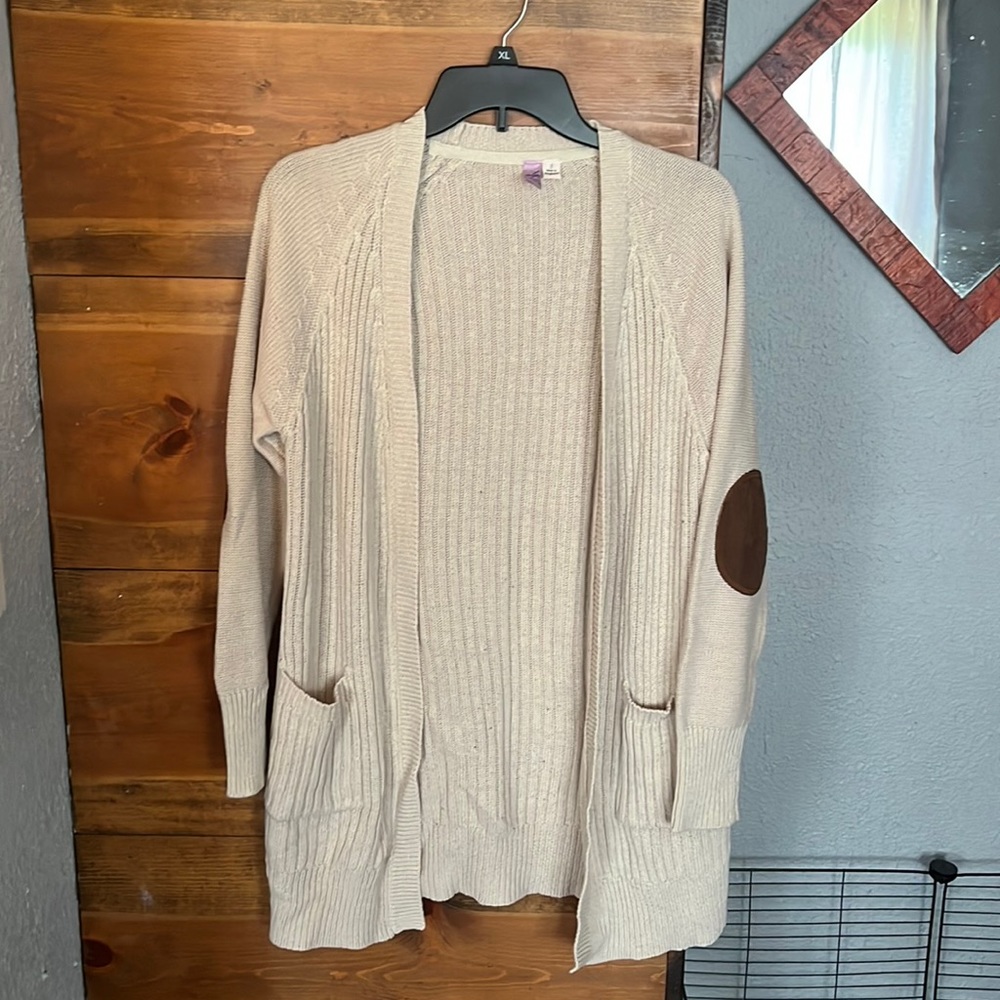 Cute long tan sweater with elbow patches